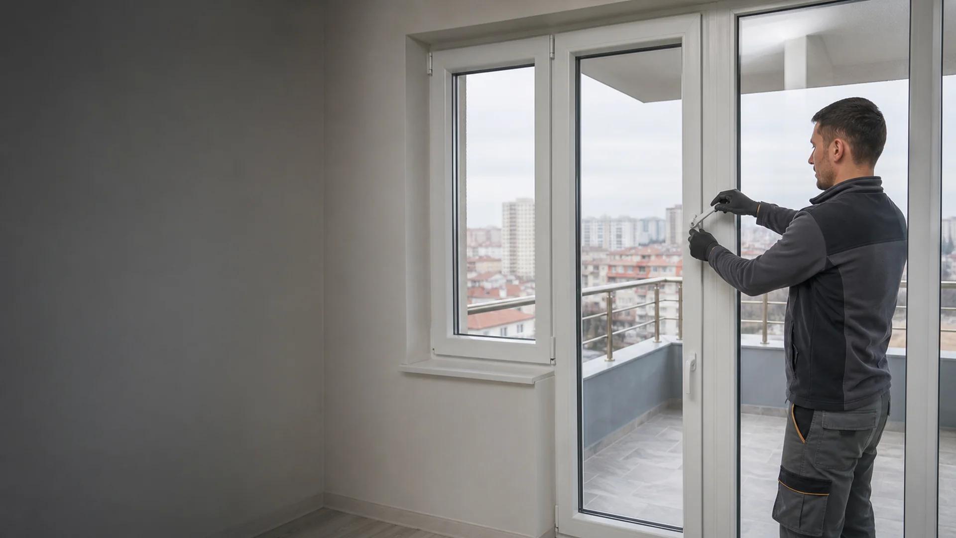 Yeni PVC balkon kapısında son montaj kontrolü